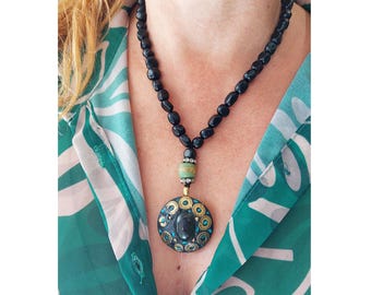 Black Onyx Tibetan Pendant Necklace: Handmade Nepalese Bead, Bohemian Jewelry