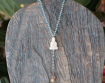Boho Buddha Halskette mit Kristallperlen, Boho Style buddhistischer handgemachter Schmuck