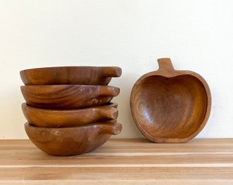 Set of 5 Mid Century Apple Shaped Bowls | Hand Carved Pumpkin Soup, Salad, Dessert or Snack Bowl | Rustic Farmhouse Kitchen Decor