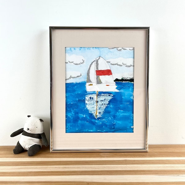 Framed Original Artwork Watercolor Painting of Sailboat | Whimsical Nautical Wall Art | Children's Room / Nursery Décor | Unique Baby Gift