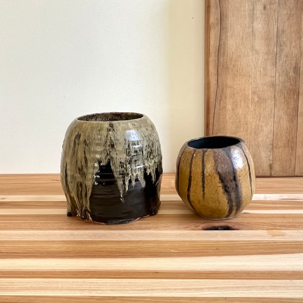 Collection of 2 1970a Abstract Drip Glaze Studio Pottery Bowls / Pots | Pair of Primitive Brutalist Style Brown Ceramic Jars or Planters