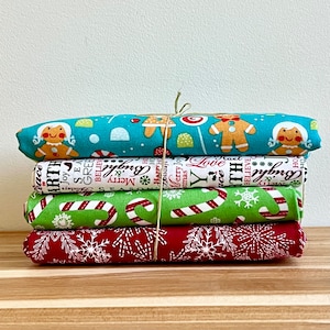 Vintage Christmas Fabric Bundle | Collection of 4 Childrens Holiday Toile Material Remnants  | Christmas / Holiday Decor | Kids / Nursery