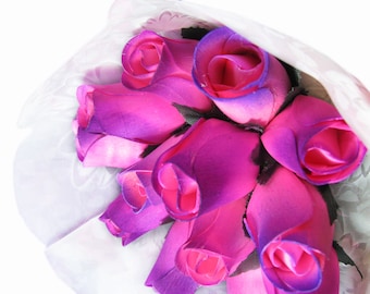 Pink with Lavender Tip Roses Wood Bouquet "Baker's Dozen" of 13 Roses in Sleeve Tied With Ribbon