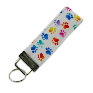 Personalized Fabric Key Chain / Key Fob Colorful Paw Prints With Optional Initials