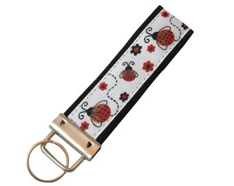 Personalized Key Chain / Key Fob Ladybugs on Black Background With Optional Initials