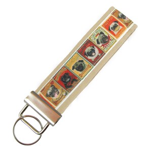 Personalized Key Chain / Key Fob Pug Dogs on Beige Background With Optional Initials