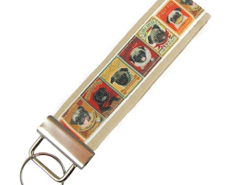 Personalized Key Chain / Key Fob Pug Dogs on Beige Background With Optional Initials