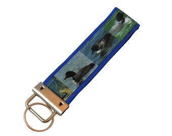 Personalized Key Chain / Key Fob Loons on the Lake on Blue Background With Optional Initials