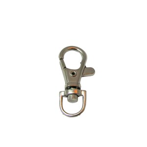 May include: Silver swivel clasp with a D-ring. This metal clasp is used for attaching items to bags, keychains, or other accessories.