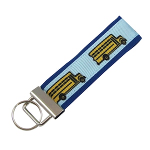 Personalized Fabric Key Chain / Key Fob School Bus on Blue Background with Blue Fabric with Optional Initials