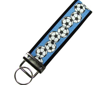 Personalized Key Chain / Key Fob Soccer Balls on Light Blue with Optional Initials