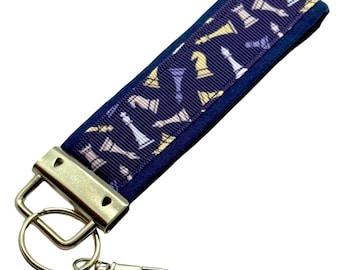 Personalized Chess Keychain: Fabric Key Fob with Optional Initial Charms on Blue Background