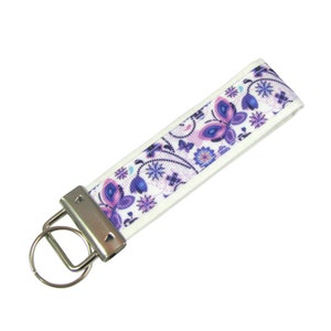 Purple Butterflies and Flowers Fabric Key Chain / Key Fob Personalized With Optional Initials
