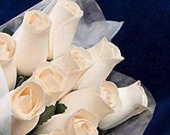 Ivory White Wood Rose Bouquet "Baker's Dozen" of 13 Roses in Sleeve Tied With Ribbon