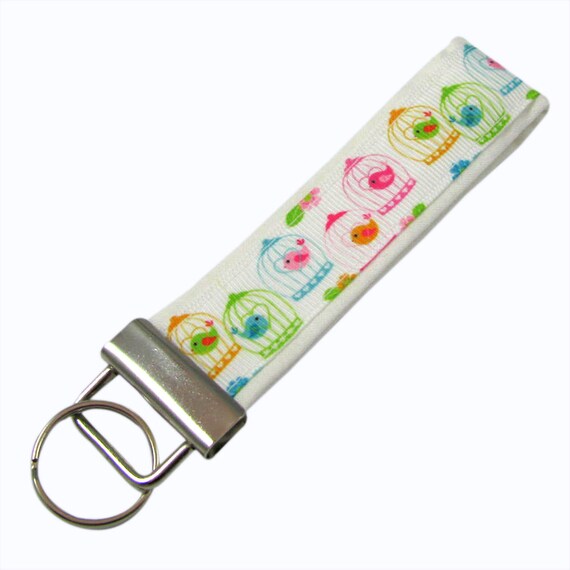 Personalized Key Chain / Key Fob Birds in Cages on White Etsy