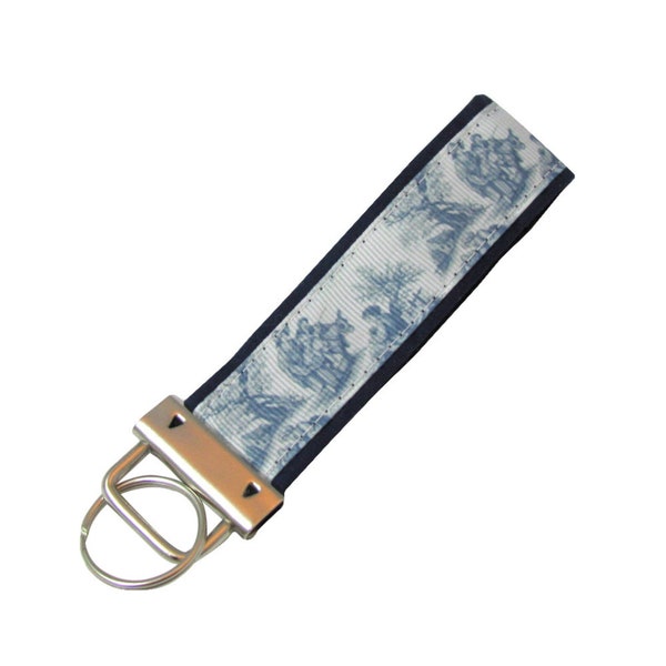 Key Chain / Key Fob Blue Toile on Blue Background With Optional Initials