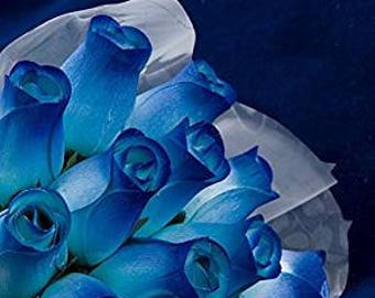 Blue "It's A Boy" Wood Rose Bouquet "Baker's Dozen" of 13 Roses in Sleeve Tied With Ribbon