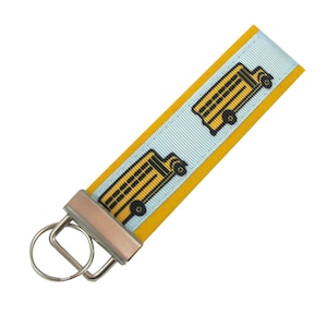 Personalized Fabric Key Chain / Key Fob School Bus on Blue Background with Yellow Fabric with Optional Initials