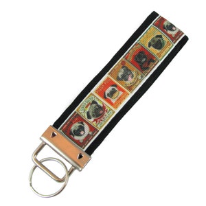 Personalized Key Chain / Key Fob Pug Dogs on Black Background With Optional Initials