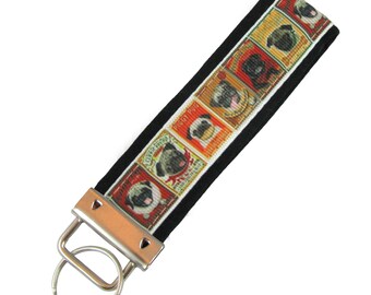 Personalized Key Chain / Key Fob Pug Dogs on Black Background With Optional Initials