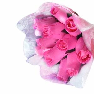Pink &quot;It&#39;s A Girl&quot; Wood Rose Bouquet &quot;Baker&#39;s Dozen&quot; of 13 Roses in Sleeve Tied With Ribbon