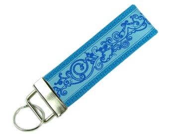 Personalized Key Chain / Key Fob Blue and Turquoise Swirls With Optional Initials