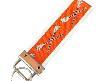 Personalized Fabric Lacrosse Key Chain / Key Fob Lacrosse Orange on White Background With Optional Initials