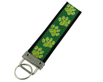 Personalized Paw Print Keychain: Green & Yellow on Black, Optional Initials