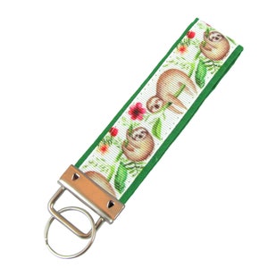 Personalized Sloth Key Chain / Key Fob on Green Background With Optional Initials