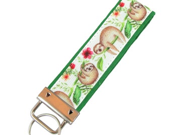 Personalized Sloth Key Chain / Key Fob on Green Background With Optional Initials