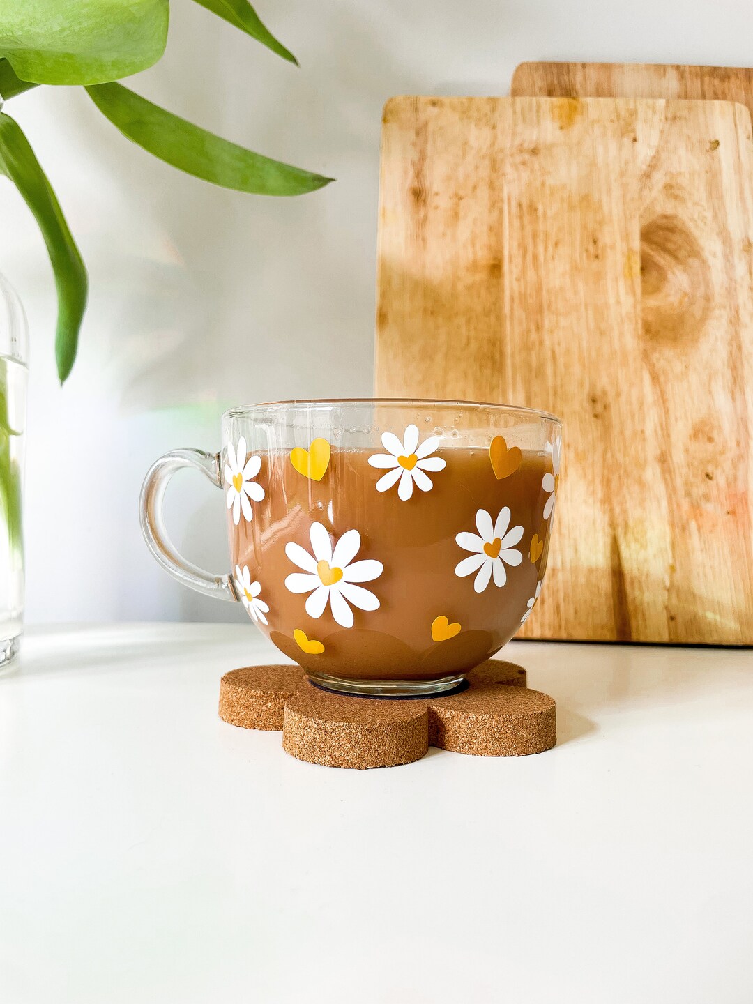 Daisy Heart Retro Flower Glass Coffee Mug, Large Glass Tea Cup. Gift