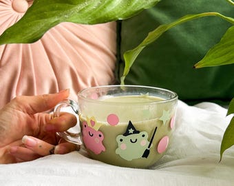 Defying GraviTEA Wicked inspired Magical Kawaii Frog Glass Mug, Whimsical Frog Princess & Wizard Design