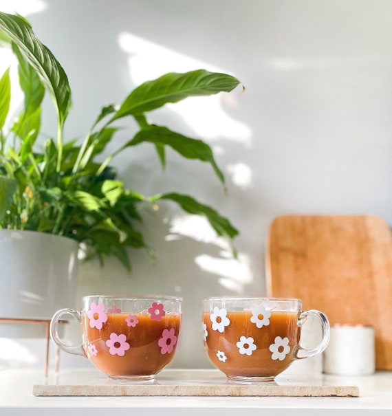 Retro Flower Glass Coffee Mug, Large Glass Tea Cup. Cute Retro