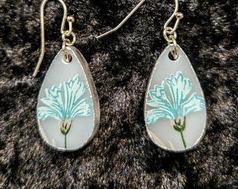 Broken Fire King Dish Repurposed Earrings, Blue Flower