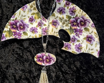 Broken China Dish Pansy Tassle Necklace