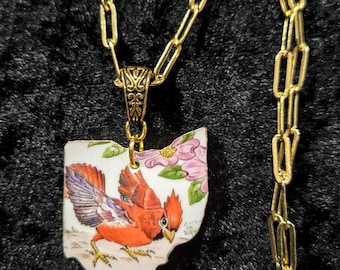 Broken China Cardinal Ohio Shape Necklace