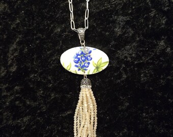 Handpainted Bluebonnet Dish Necklace, Repurposed China Tassel