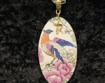 Broken China Dish Necklace, Johnson Brothers, Made in England, Vintage Bird