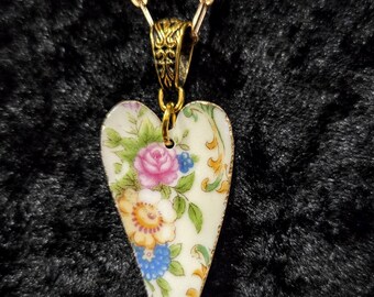 Broken Noritake China Necklace, Whimsy Heart Shape
