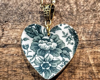 Broken China Dish Necklace Green Heart design