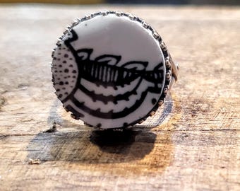 Repurposed 1960s English Dish Ring, Adjustable Sterling Silver, Black and White