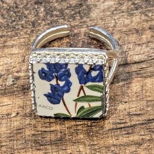 Broken China Dish Ring, Handpainted Bluebonnet, Sterling Silver, Adjustable