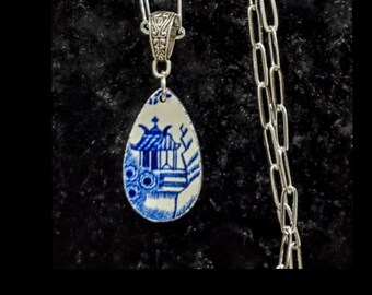 Broken China Dish Necklace Blue Willow, Petite, Paperclip Chain