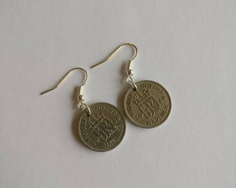 Coin Earrings, 1948 Lucky Sixpence earrings.