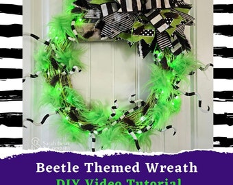 Spooky Beetle Wreath DIY Video Tutorial Halloween Crafts Halloween Costume DIY Fall Wreaths Halloween Front Porch Decor Sarah Berry and Co