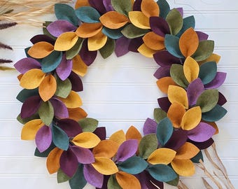Fall Felt Leaf Wreath Handmade Autumn Door Hanger Farmhouse Decor Harvest Wreath Fall Front Porch Decor Felt Leaves Housewarming Gifts