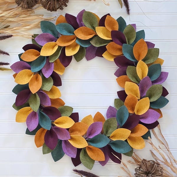Fall Felt Leaf Wreath Handmade Autumn Door Hanger Farmhouse Decor Harvest Wreath Fall Front Porch Decor Felt Leaves Housewarming Gifts