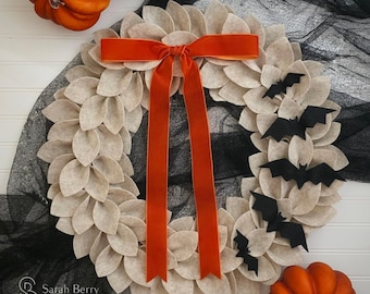 Halloween Wreath Spooky Season Decor Felt Front Door Hanger Haunted House Bat Wreath Halloween Party Decorations Fall Felt Leaves