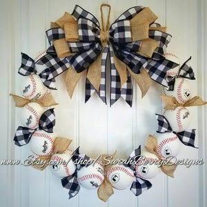 Baseball Wreath with Gingham Bow Black and White Checkered Ribbon Baseball Mom Gifts Coaches Gift Baseball Party Decorations Nursery Decor