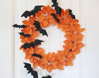 Halloween Wreath Felt Orange & Black Bats Spooky Decor Front Door Hanger Seasonal Decorations Haunted House Sarah Berry and Company